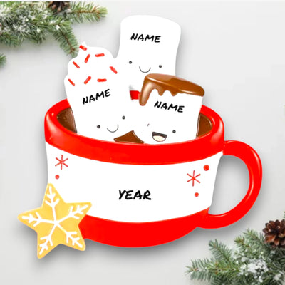 Personalized Hot Cocoa Family of 3 Christmas Ornament featuring three marshmallows in a red mug with a snowflake cookie.