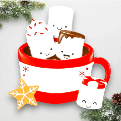 Personalized Hot Cocoa Family of 4 Christmas Ornament featuring four marshmallows in a red mug with a snowflake cookie.