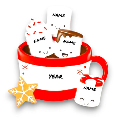 Personalized Hot Cocoa Family of 4 Christmas Ornament featuring four marshmallows in a red mug with a snowflake cookie.