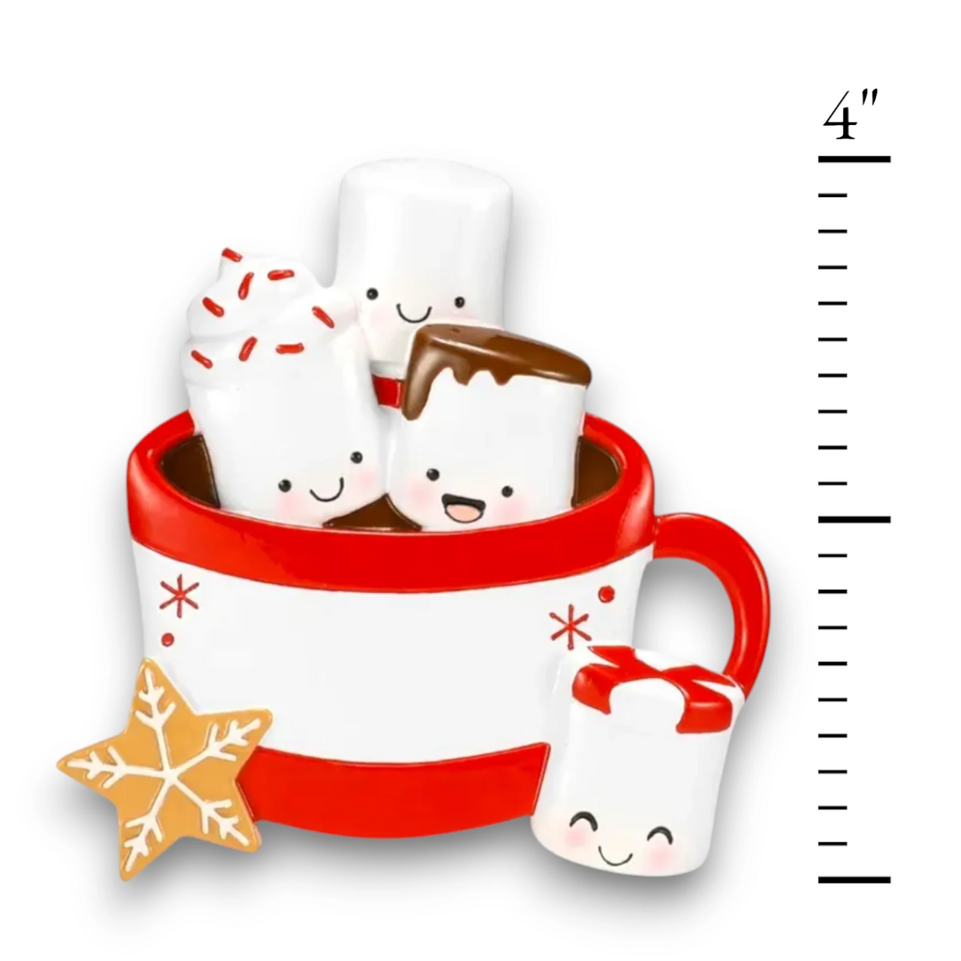 Personalized Hot Cocoa Family of 4 Christmas Ornament featuring four marshmallows in a red mug with a snowflake cookie.