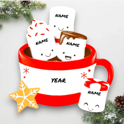 Personalized Hot Cocoa Family of 4 Christmas Ornament featuring four marshmallows in a red mug with a snowflake cookie.