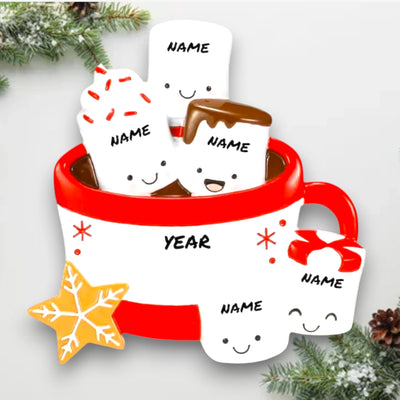 Personalized Hot Cocoa Family of 5 Christmas Ornament featuring five marshmallows in a red mug with a snowflake cookie.