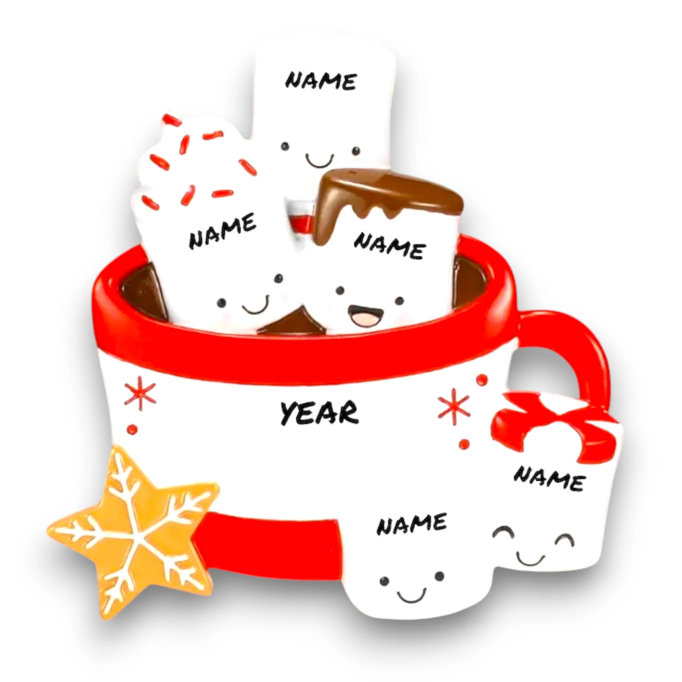 Personalized Hot Cocoa Family of 5 Christmas Ornament featuring five marshmallows in a red mug with a snowflake cookie.