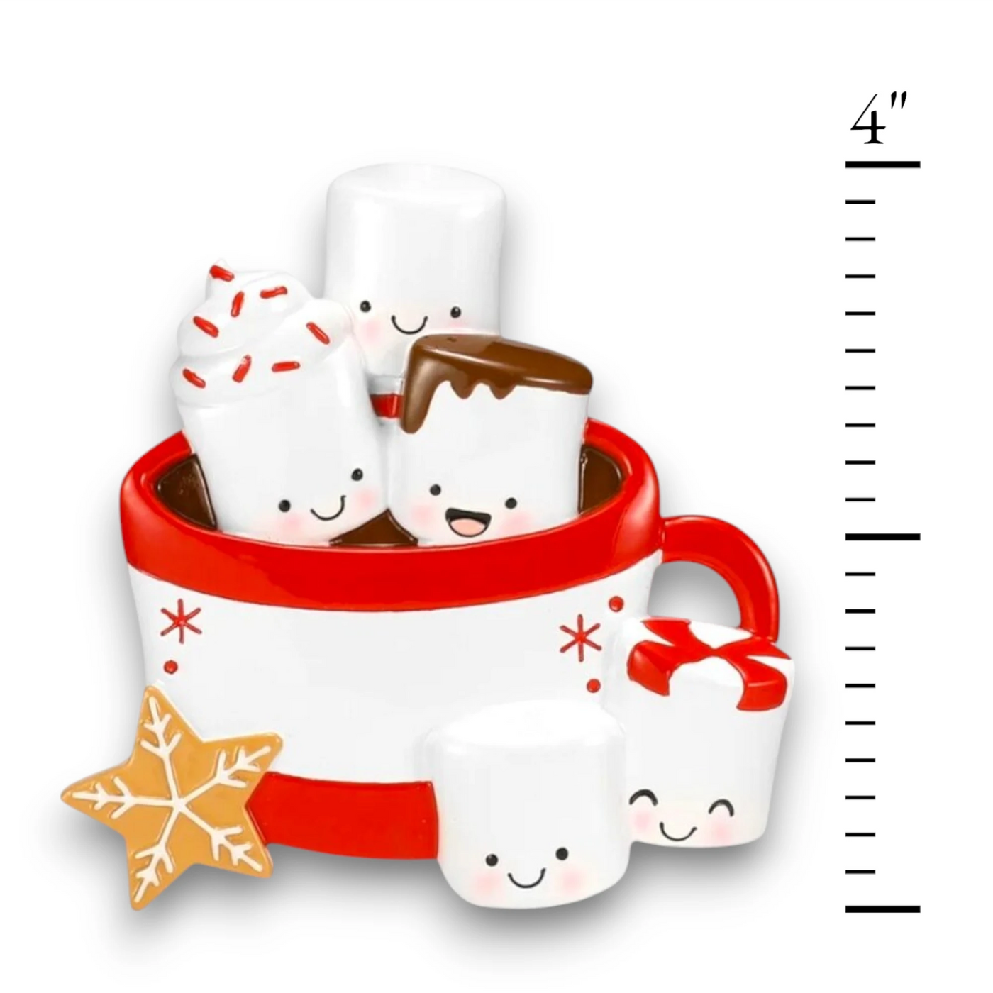 Personalized Hot Cocoa Family of 5 Christmas Ornament featuring five marshmallows in a red mug with a snowflake cookie.