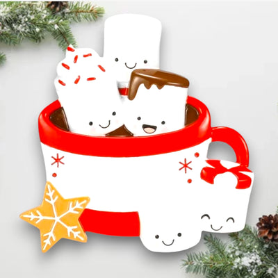 Personalized Hot Cocoa Family of 5 Christmas Ornament featuring five marshmallows in a red mug with a snowflake cookie.