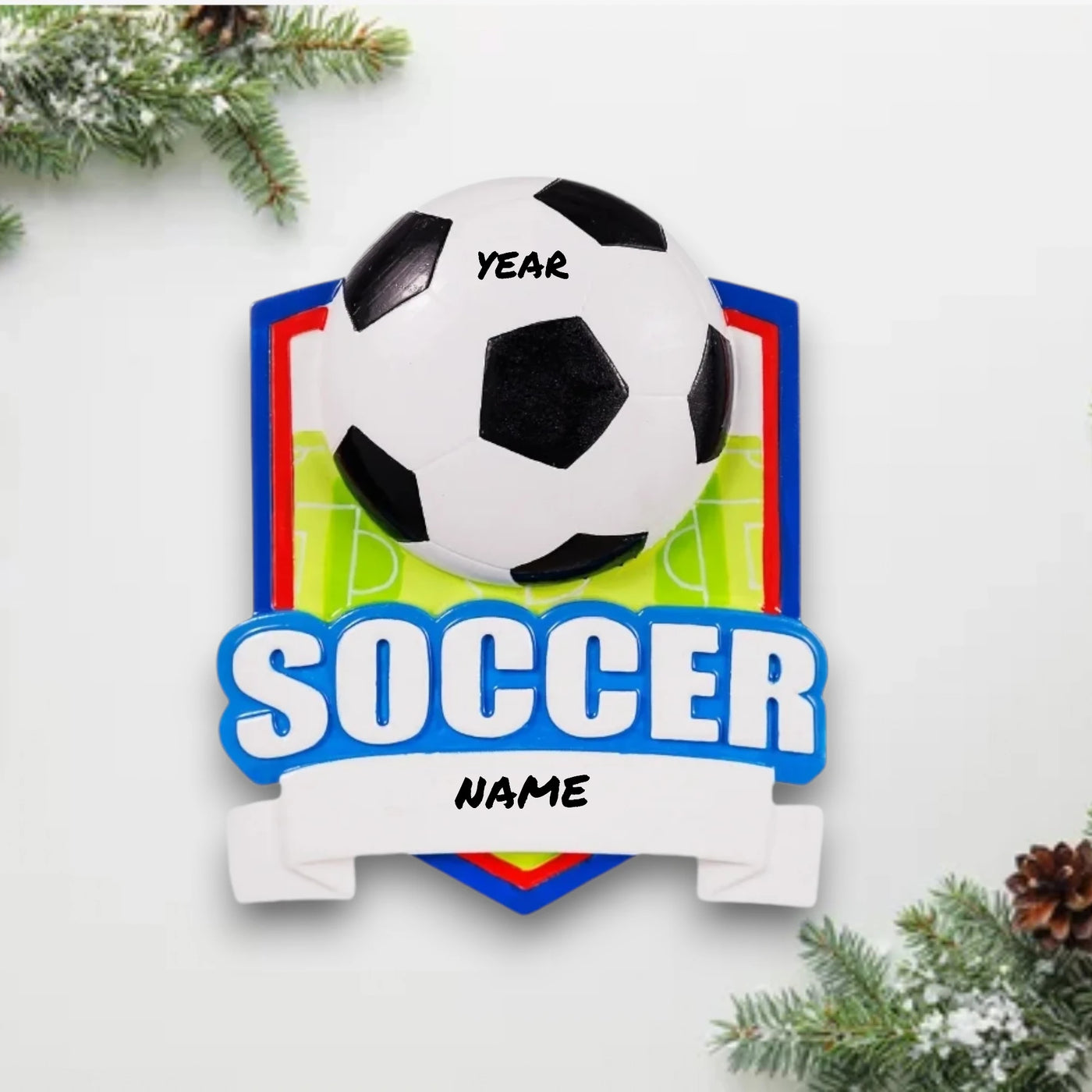 Personalized Soccer Shield Christmas Ornament with customizable name and year, featuring a black-and-white soccer ball on a colorful shield background.