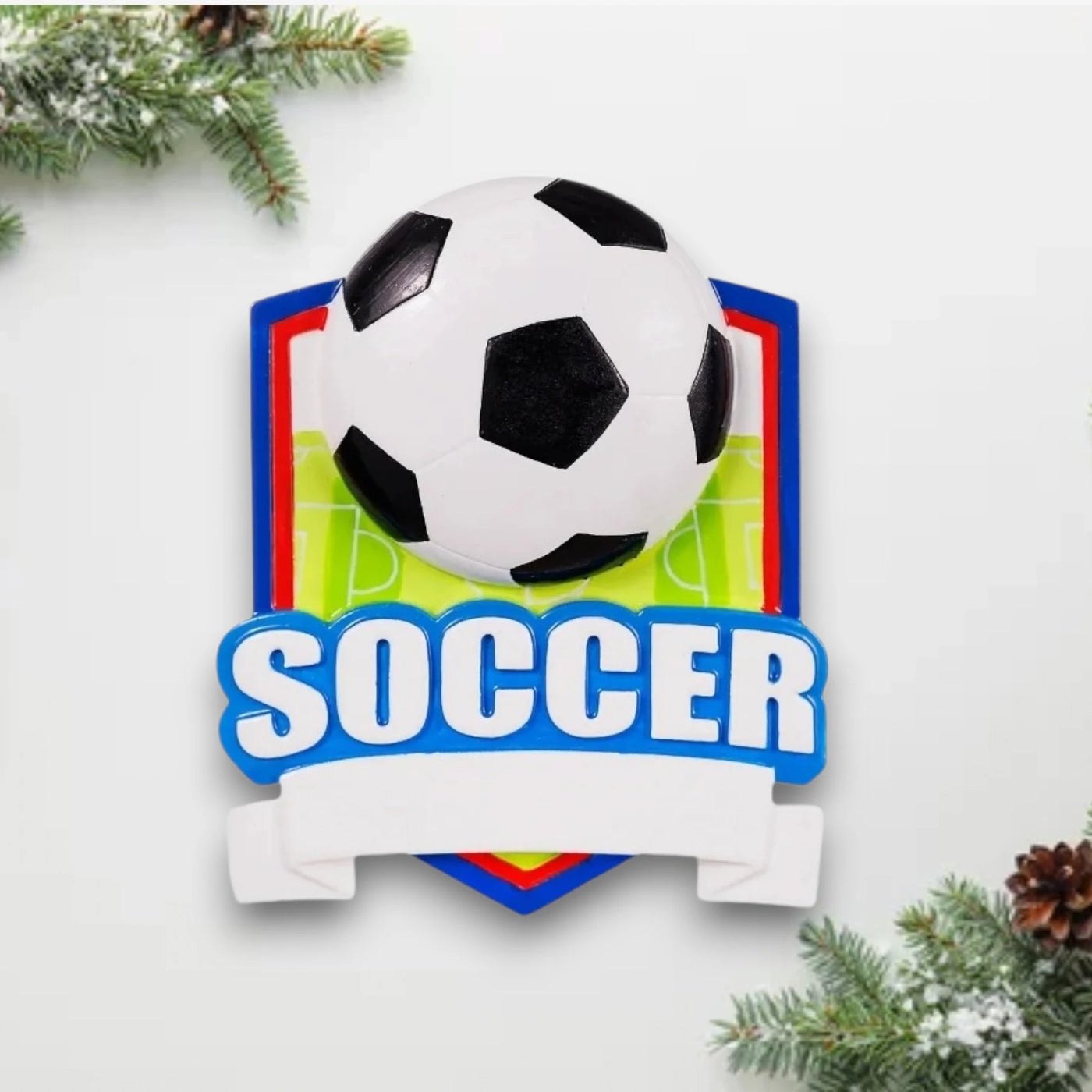 Personalized Soccer Shield Christmas Ornament with customizable name and year, featuring a black-and-white soccer ball on a colorful shield background.