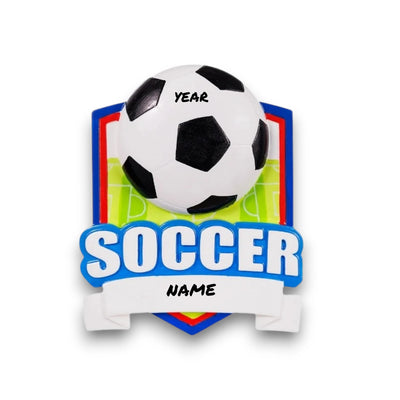 Personalized Soccer Shield Christmas Ornament with customizable name and year, featuring a black-and-white soccer ball on a colorful shield background.