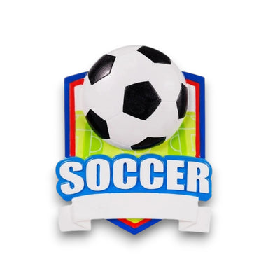 Personalized Soccer Shield Christmas Ornament with customizable name and year, featuring a black-and-white soccer ball on a colorful shield background.