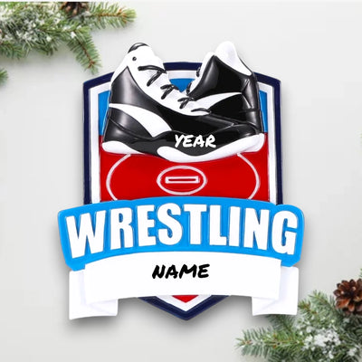 Personalized New Wrestling Shield Christmas Ornament with wrestling shoes, customizable banner, and shield design.