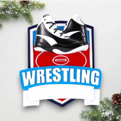 Personalized New Wrestling Shield Christmas Ornament with wrestling shoes, customizable banner, and shield design.