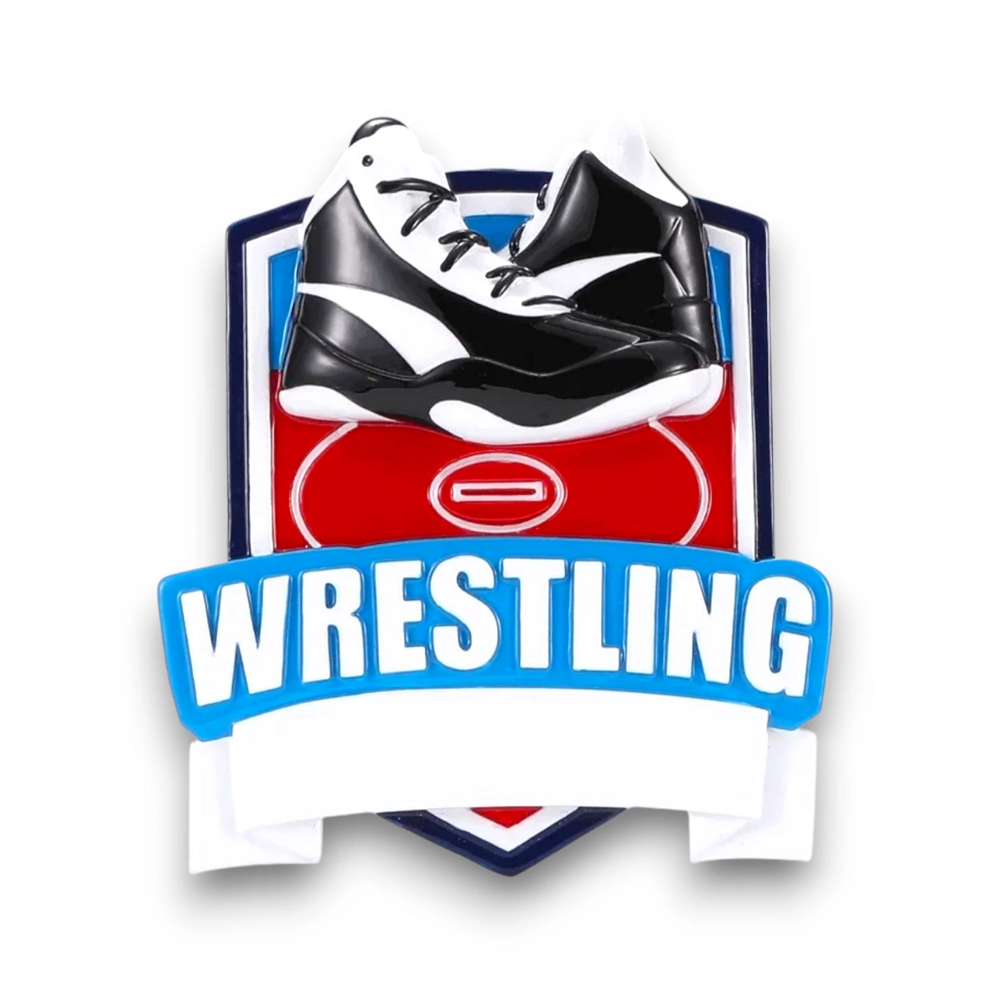 Personalized New Wrestling Shield Christmas Ornament with wrestling shoes, customizable banner, and shield design.