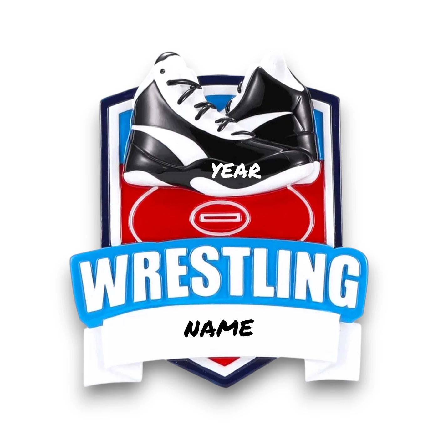 Personalized New Wrestling Shield Christmas Ornament with wrestling shoes, customizable banner, and shield design.