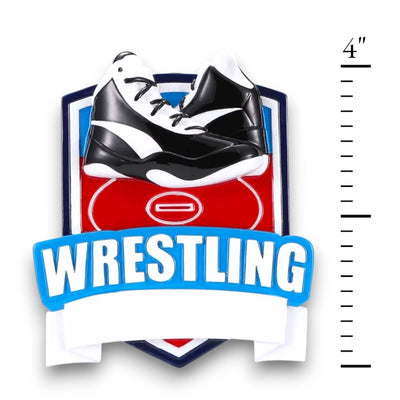 Personalized New Wrestling Shield Christmas Ornament with wrestling shoes, customizable banner, and shield design.