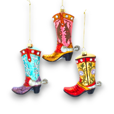 Personalized Noble Gems Cowboy Boot Christmas Ornament featuring colorful, intricately designed Western boots with glitter accents.
