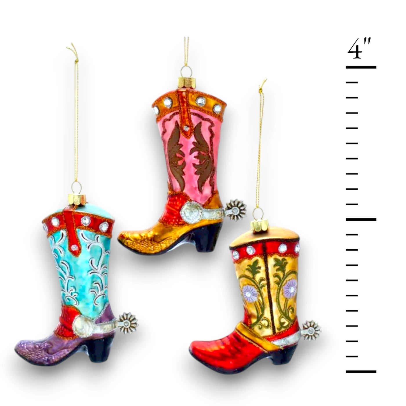 Personalized Noble Gems Cowboy Boot Christmas Ornament featuring colorful, intricately designed Western boots with glitter accents.
