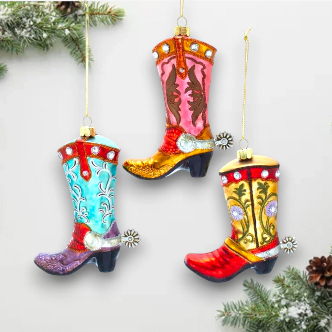 Personalized Noble Gems Cowboy Boot Christmas Ornament featuring colorful, intricately designed Western boots with glitter accents.
