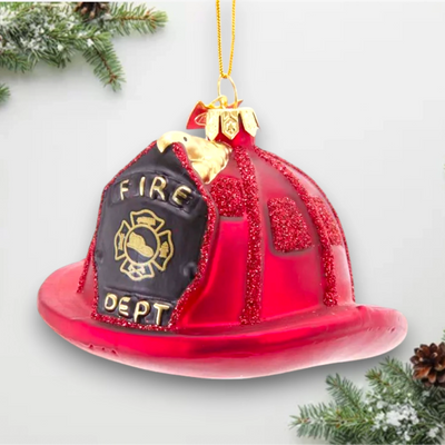 Personalized Noble Gems Fireman Helmet Christmas Ornament featuring a red glittery fireman's helmet with customizable name and year.