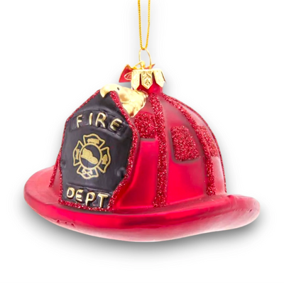 Personalized Noble Gems Fireman Helmet Christmas Ornament featuring a red glittery fireman's helmet with customizable name and year.