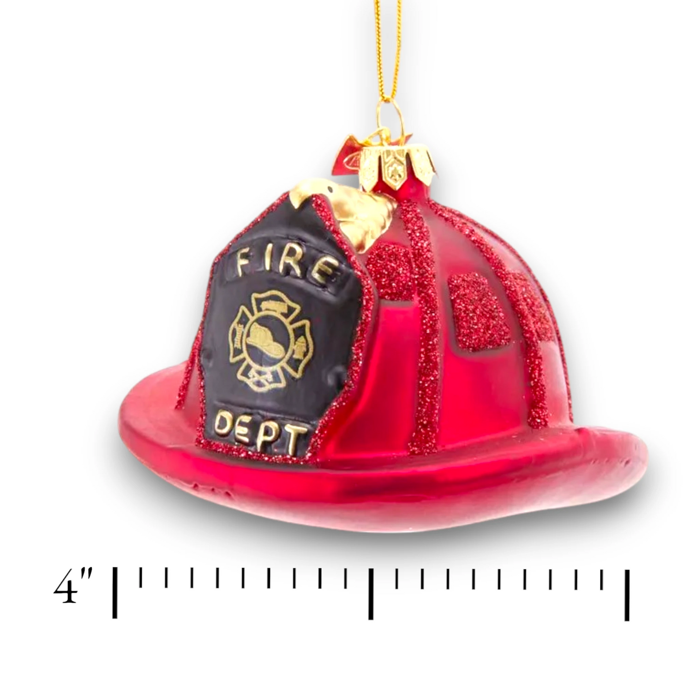 Personalized Noble Gems Fireman Helmet Christmas Ornament featuring a red glittery fireman's helmet with customizable name and year.