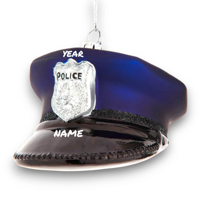 Personalized Noble Gems Glass Police Hat Christmas Ornament featuring a blue and black police hat with a silver badge and customizable name and year.
