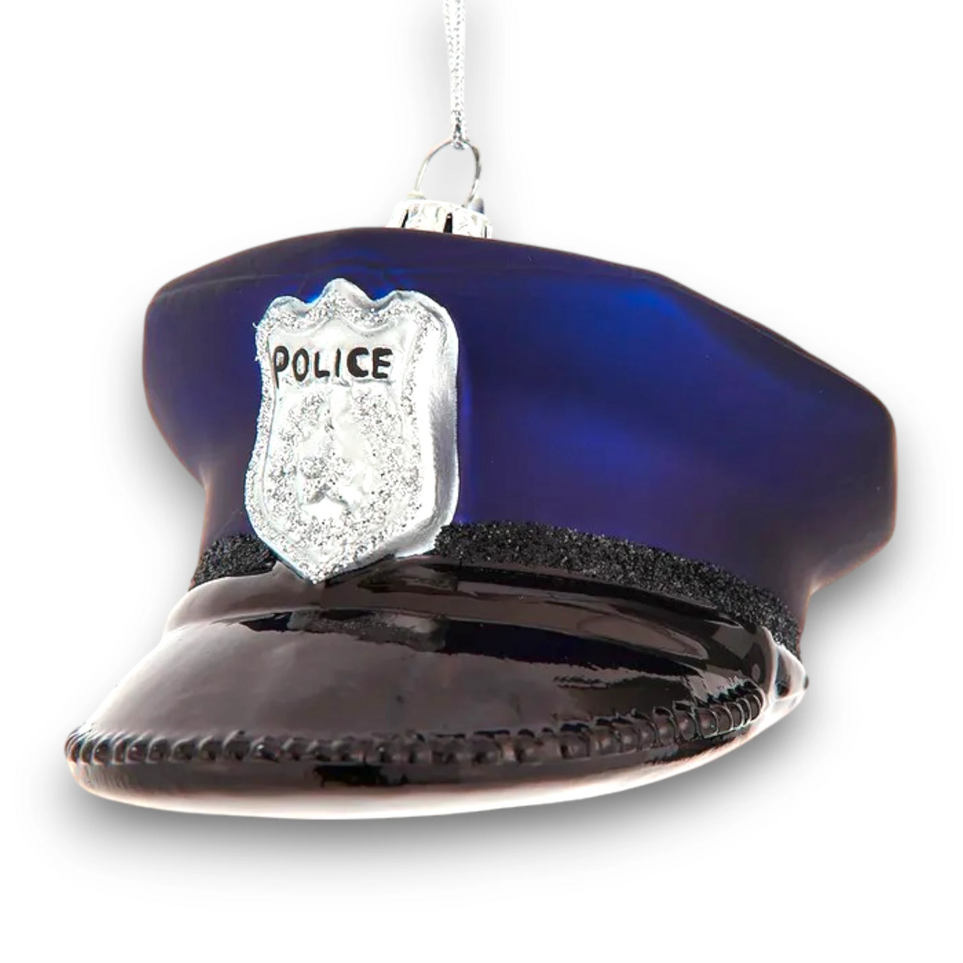 Personalized Noble Gems Glass Police Hat Christmas Ornament featuring a blue and black police hat with a silver badge and customizable name and year.
