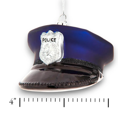 Personalized Noble Gems Glass Police Hat Christmas Ornament featuring a blue and black police hat with a silver badge and customizable name and year.
