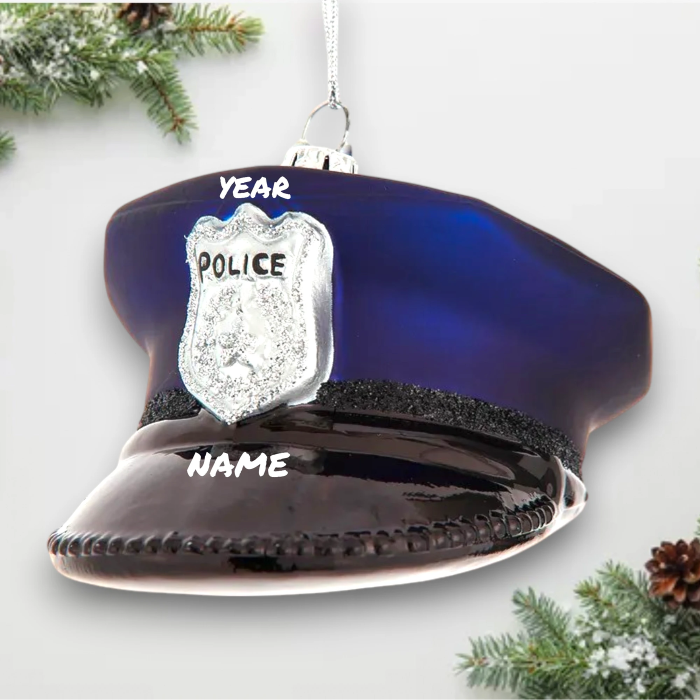 Personalized Noble Gems Glass Police Hat Christmas Ornament featuring a blue and black police hat with a silver badge and customizable name and year.
