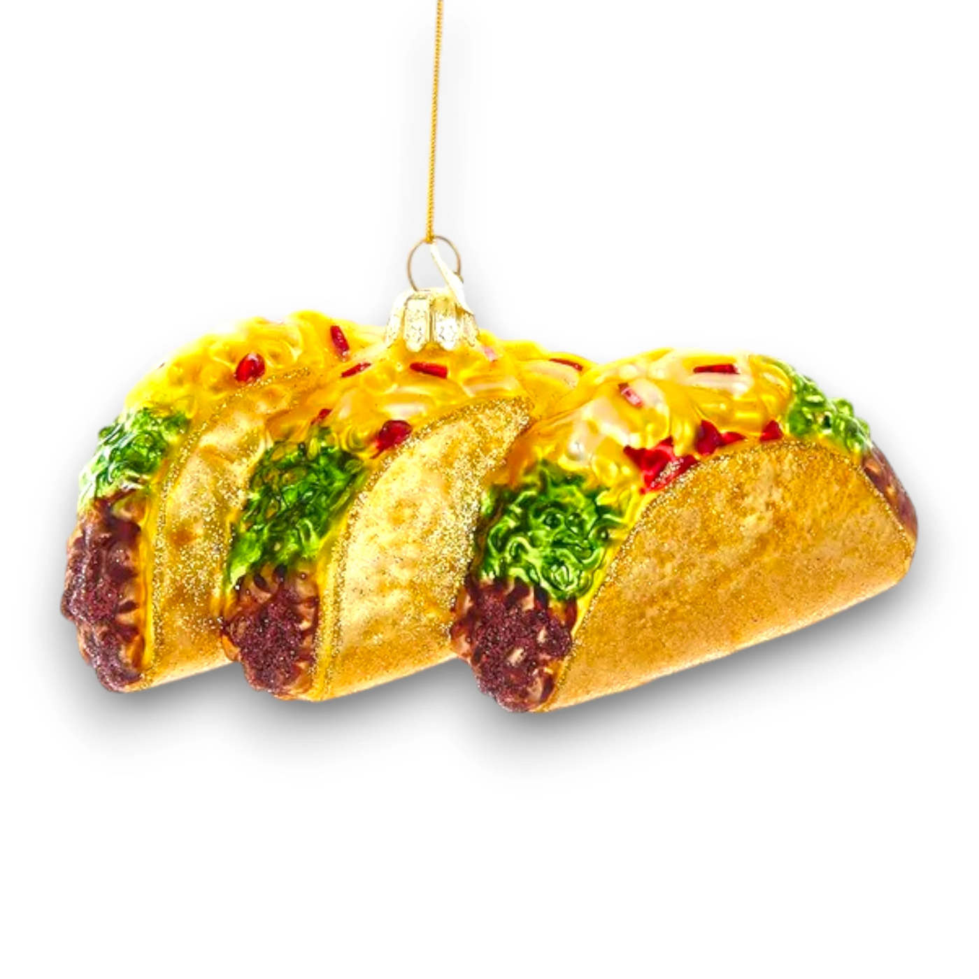 Personalized Noble Gems Glass Tacos Christmas Ornament featuring three vibrant tacos with detailed toppings.
