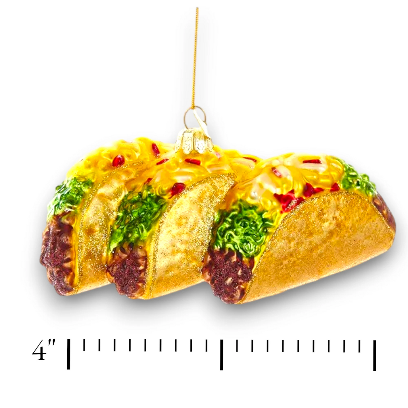 Personalized Noble Gems Glass Tacos Christmas Ornament featuring three vibrant tacos with detailed toppings.
