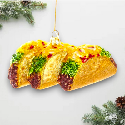 Personalized Noble Gems Glass Tacos Christmas Ornament featuring three vibrant tacos with detailed toppings.
