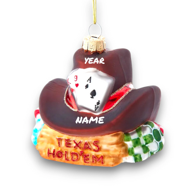 Personalized Noble Gems Texas Hold 'Em Christmas Ornament featuring a cowboy hat, poker cards, and colorful chips with customizable name and year.
