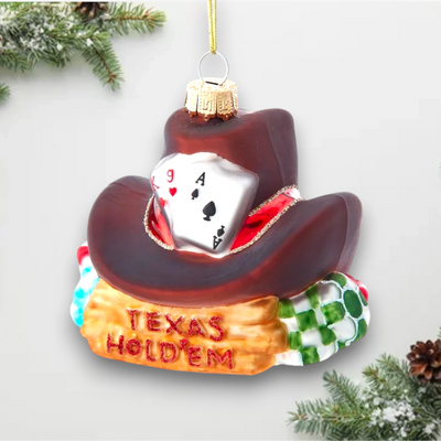 Personalized Noble Gems Texas Hold 'Em Christmas Ornament featuring a cowboy hat, poker cards, and colorful chips with customizable name and year.
