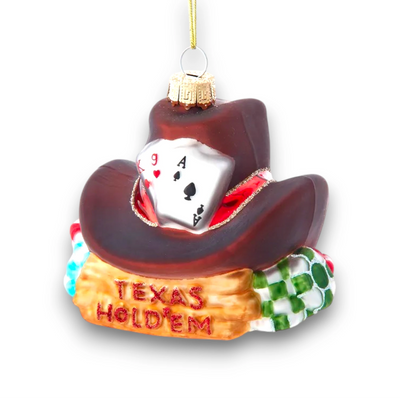 Personalized Noble Gems Texas Hold 'Em Christmas Ornament featuring a cowboy hat, poker cards, and colorful chips with customizable name and year.
