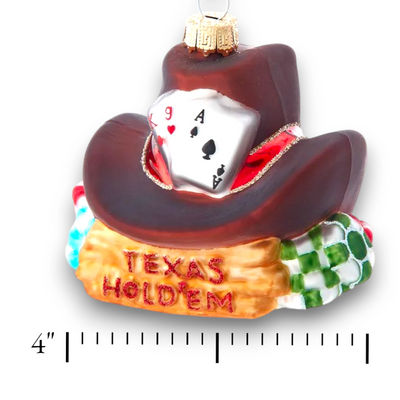 Personalized Noble Gems Texas Hold 'Em Christmas Ornament featuring a cowboy hat, poker cards, and colorful chips with customizable name and year.
