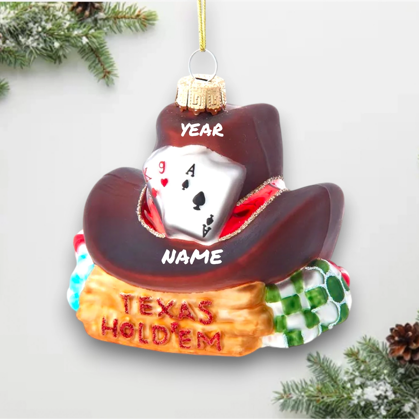 Personalized Noble Gems Texas Hold 'Em Christmas Ornament featuring a cowboy hat, poker cards, and colorful chips with customizable name and year.

