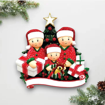  Personalized family of 3 Christmas ornament with family members opening presents under the tree, customizable with names and year.
