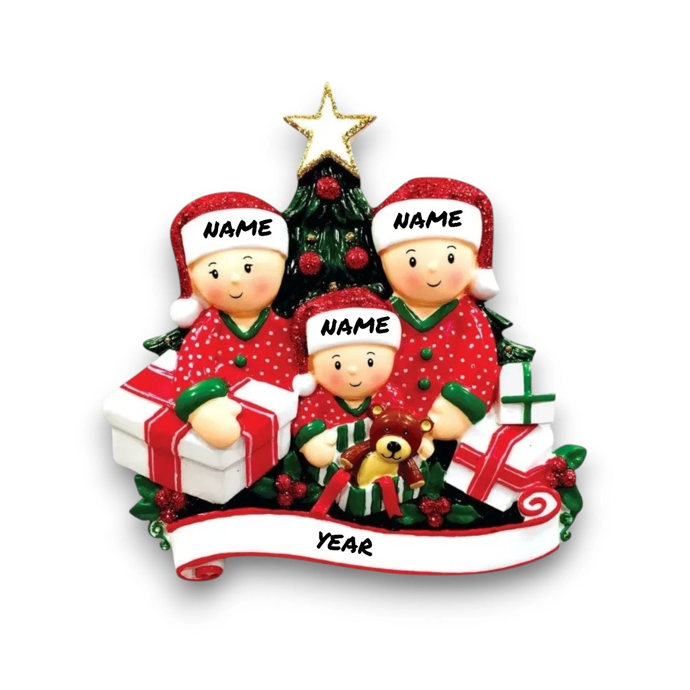  Personalized family of 3 Christmas ornament with family members opening presents under the tree, customizable with names and year.
