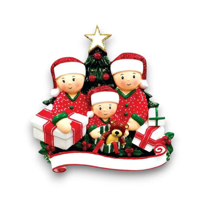  Personalized family of 3 Christmas ornament with family members opening presents under the tree, customizable with names and year.
