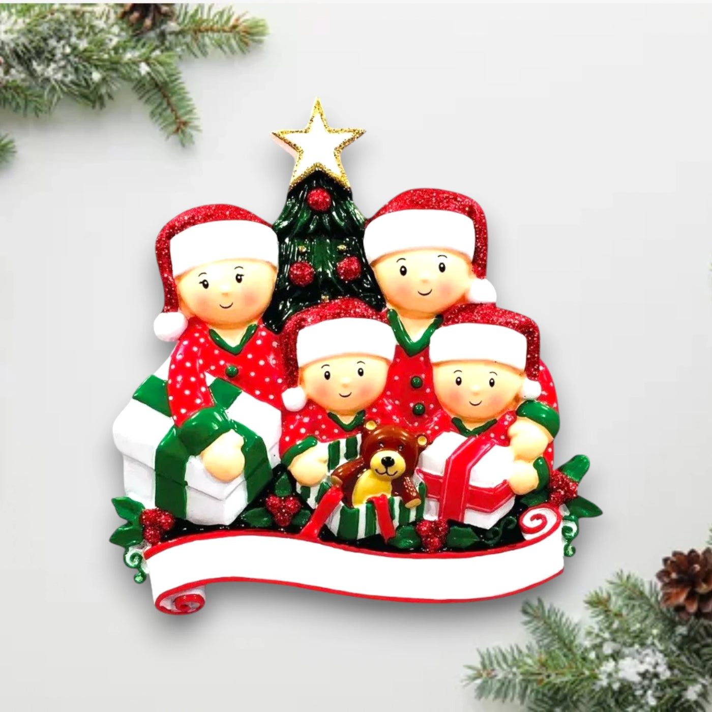 Personalized family of 4 Christmas ornament with family members opening presents under the tree, customizable with names and year.
