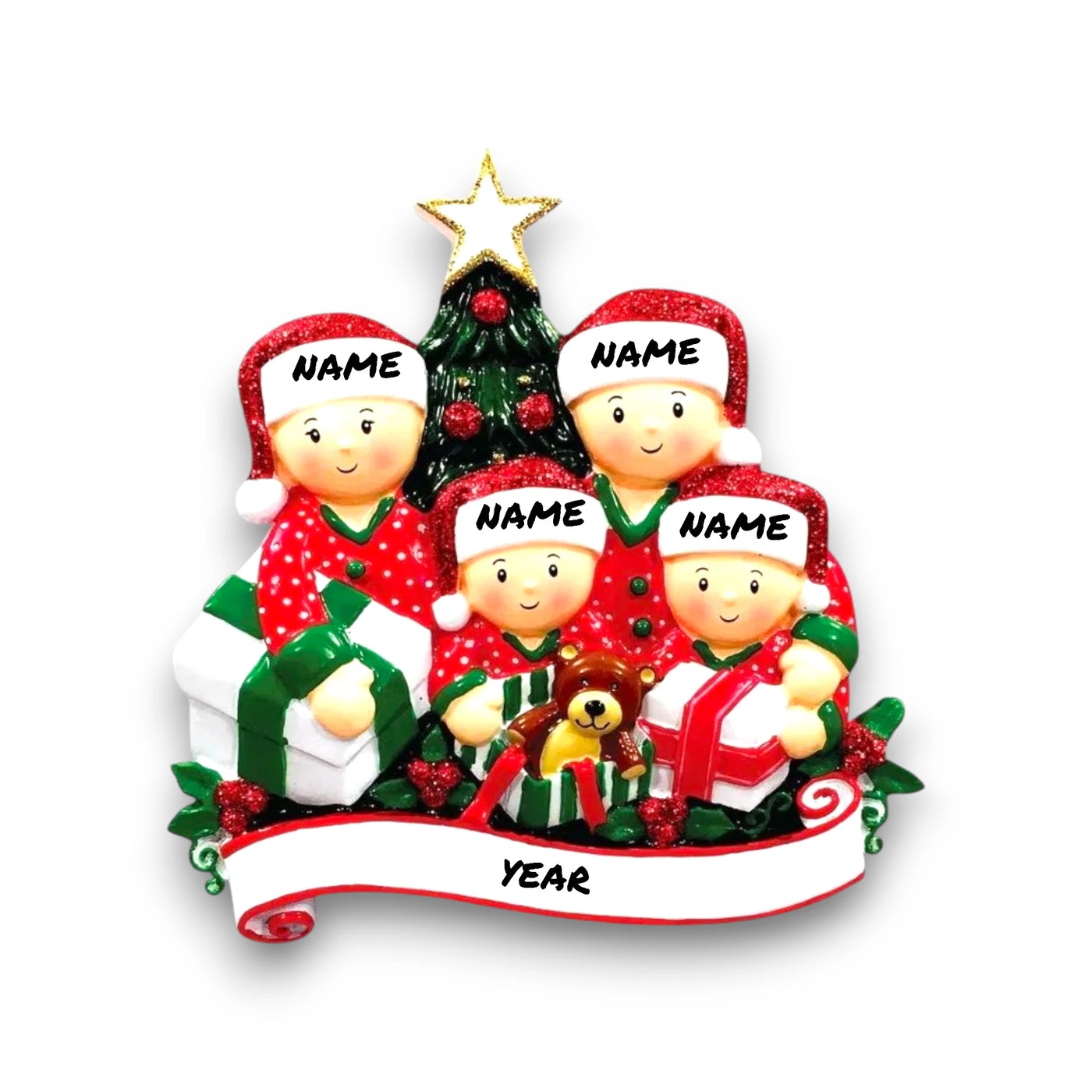 Personalized family of 4 Christmas ornament with family members opening presents under the tree, customizable with names and year.
