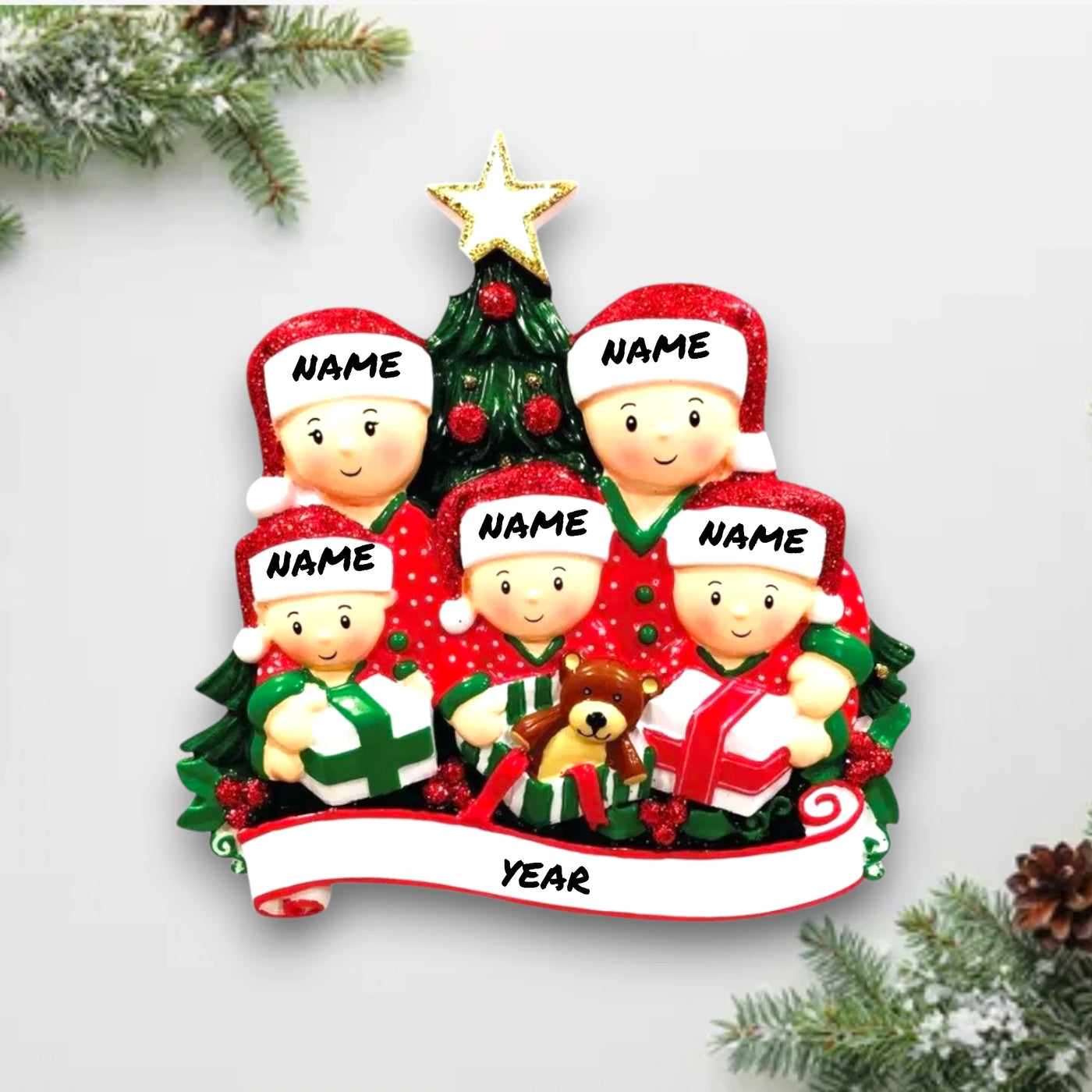  Personalized family of 5 Christmas ornament with family members opening presents under the tree, customizable with names and year.
