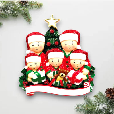  Personalized family of 5 Christmas ornament with family members opening presents under the tree, customizable with names and year.
