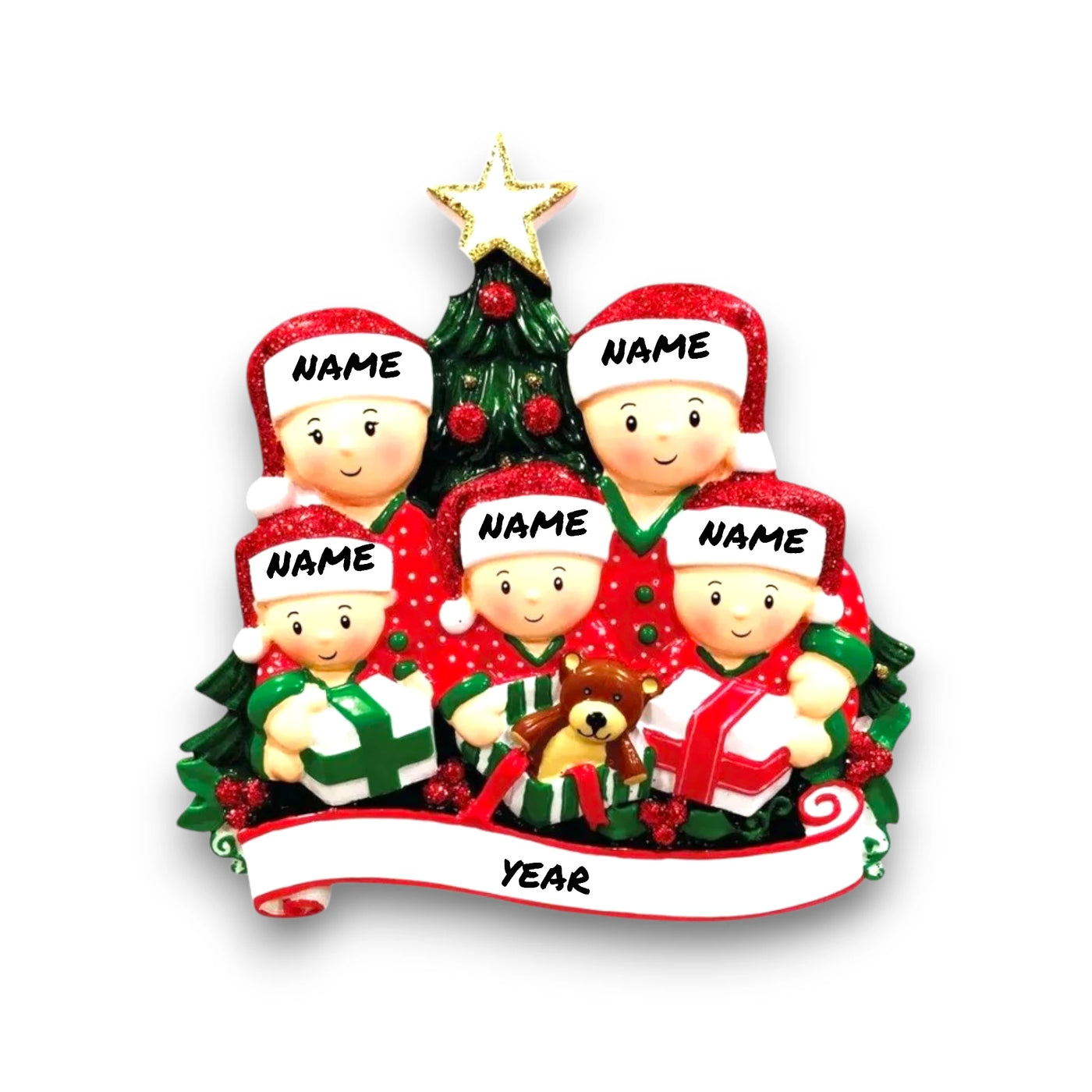  Personalized family of 5 Christmas ornament with family members opening presents under the tree, customizable with names and year.
