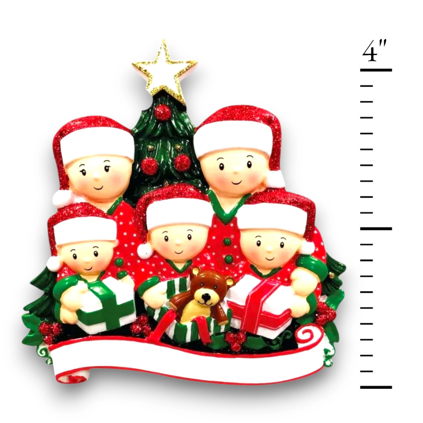  Personalized family of 5 Christmas ornament with family members opening presents under the tree, customizable with names and year.
