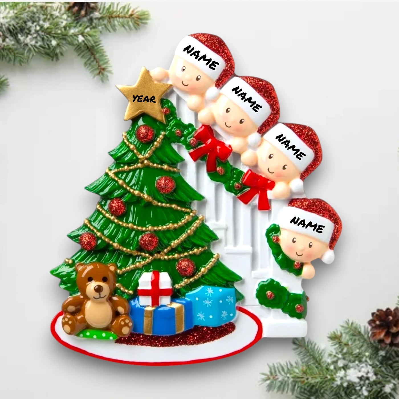  Personalized Peeking Family of 4 Christmas Ornament with customizable names and year, featuring a family of four peeking from behind a decorated Christmas tree.