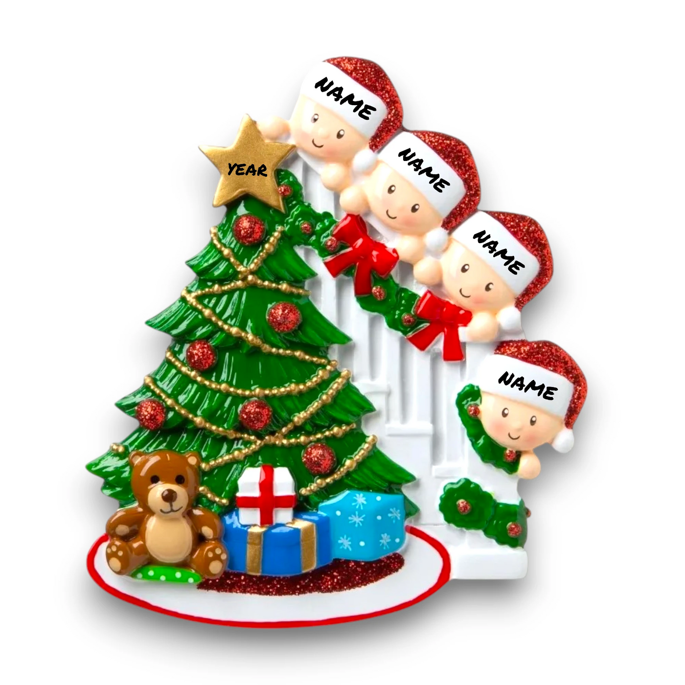  Personalized Peeking Family of 4 Christmas Ornament with customizable names and year, featuring a family of four peeking from behind a decorated Christmas tree.