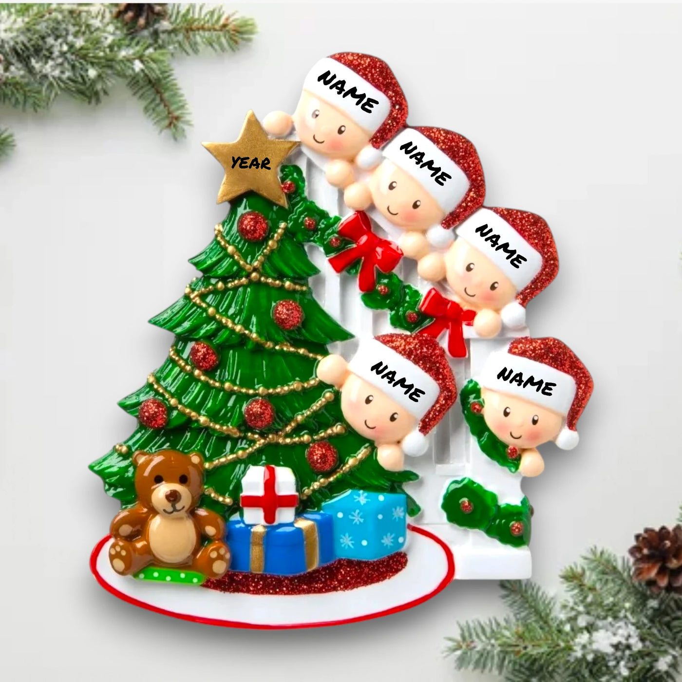 Personalized Peeking Family of 5 Christmas Ornament featuring a family behind a decorated Christmas tree, customizable with names and year.