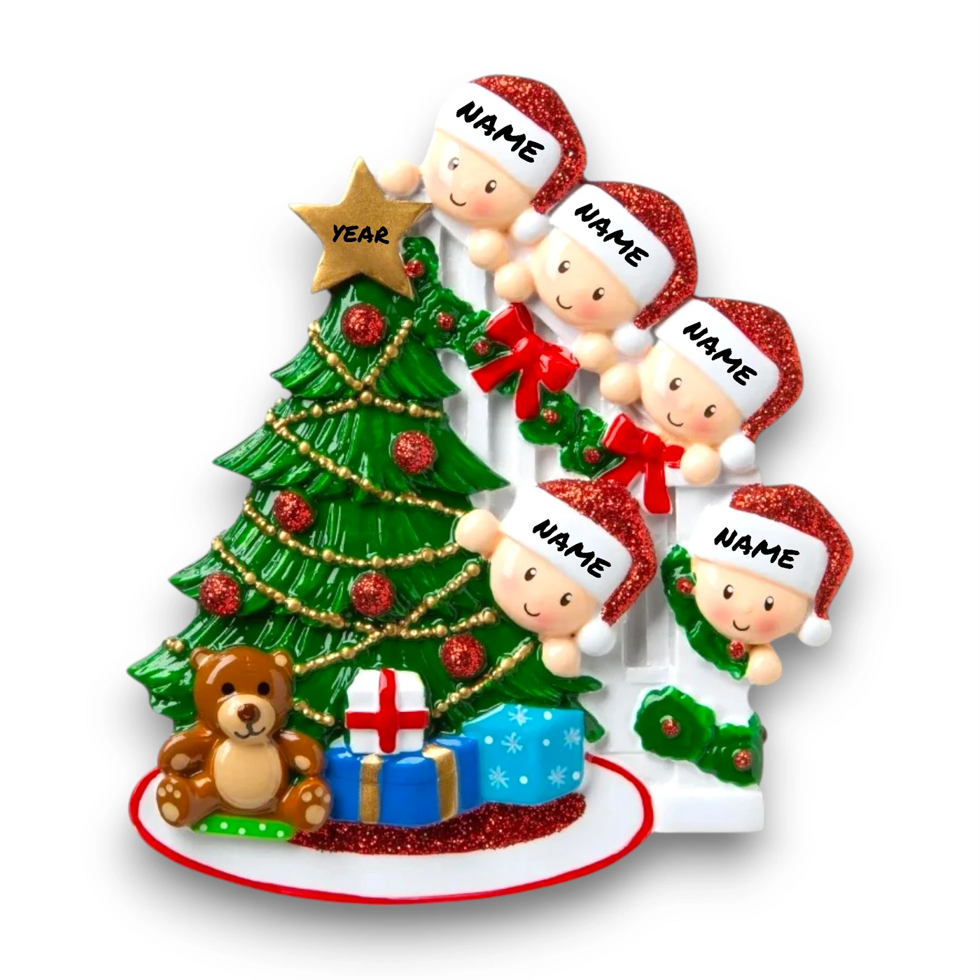 Personalized Peeking Family of 5 Christmas Ornament featuring a family behind a decorated Christmas tree, customizable with names and year.