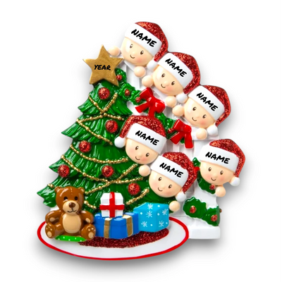 Personalized Peeking Family of 6 Christmas Ornament with customizable names and year, featuring family members peeking around a decorated Christmas tree with gifts and a teddy bear.

